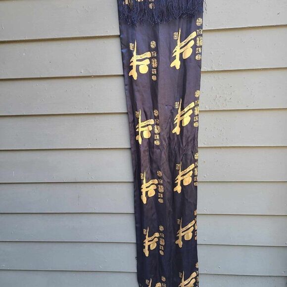 Silk Navy Gold Asian Letters Scarf with Fringe - Picture 4 of 5